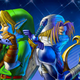 Promotional art for The Legend of Zelda: Ocarina of Time showing Link and Sheik back-to-back, with Link playing the ocarina and Sheik strumming a harp.